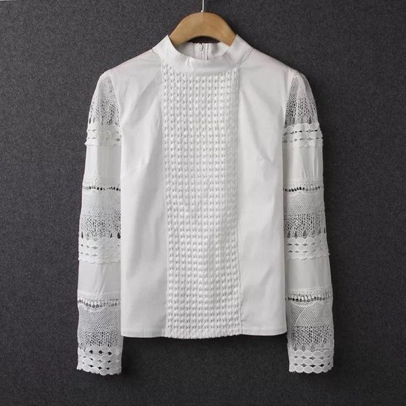 Swiss Dot & Mesh Detail High Collar Blouse - Picture 1 of 5